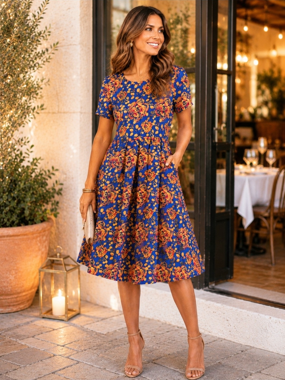 Floral Fit-and-Flare Short Sleeve Dress With Pockets A-line Structured Midi